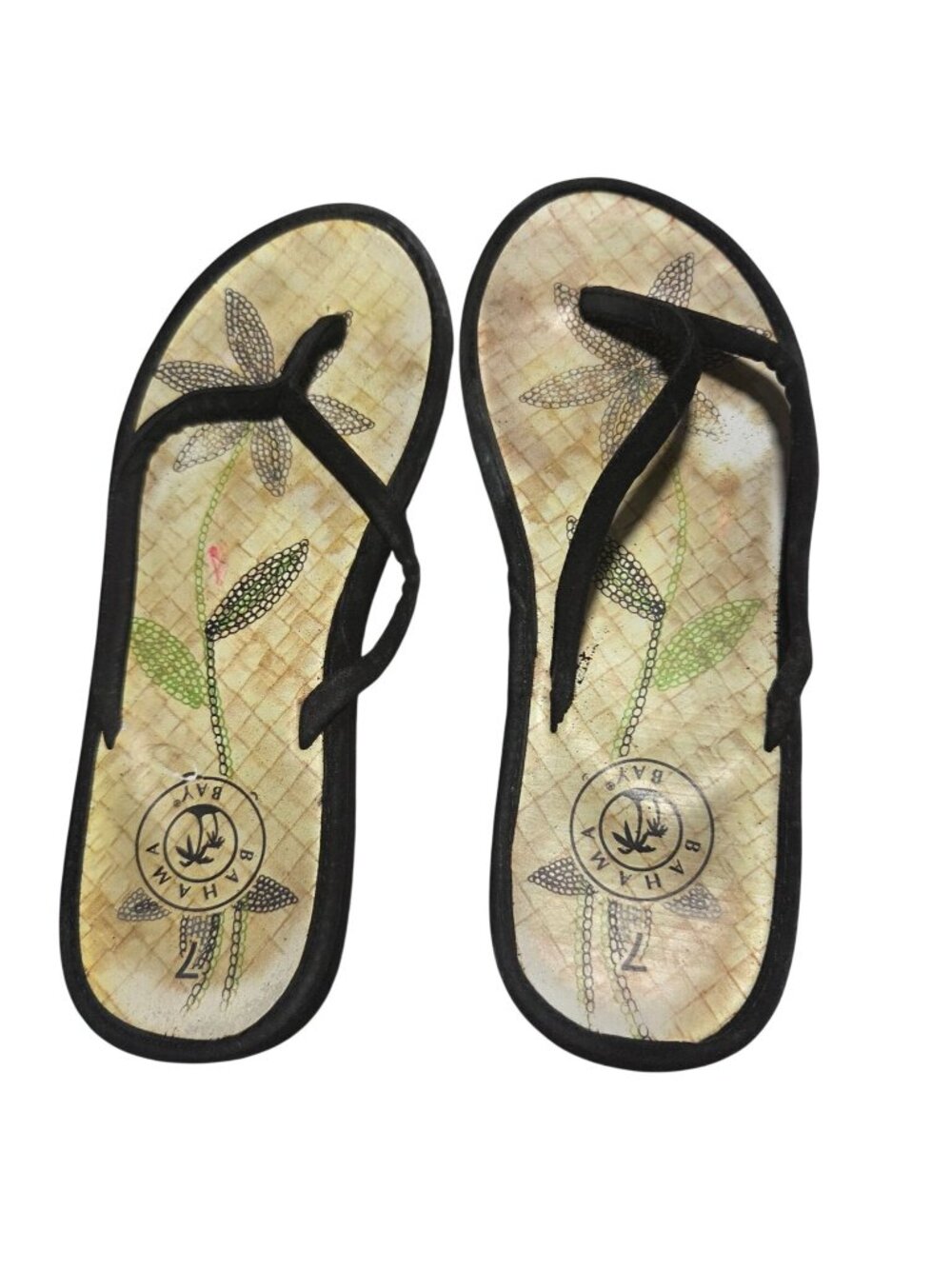 Bahama Bay Flip Flops Size 7 Floral Print Black Thong Straps Sandals Tropical